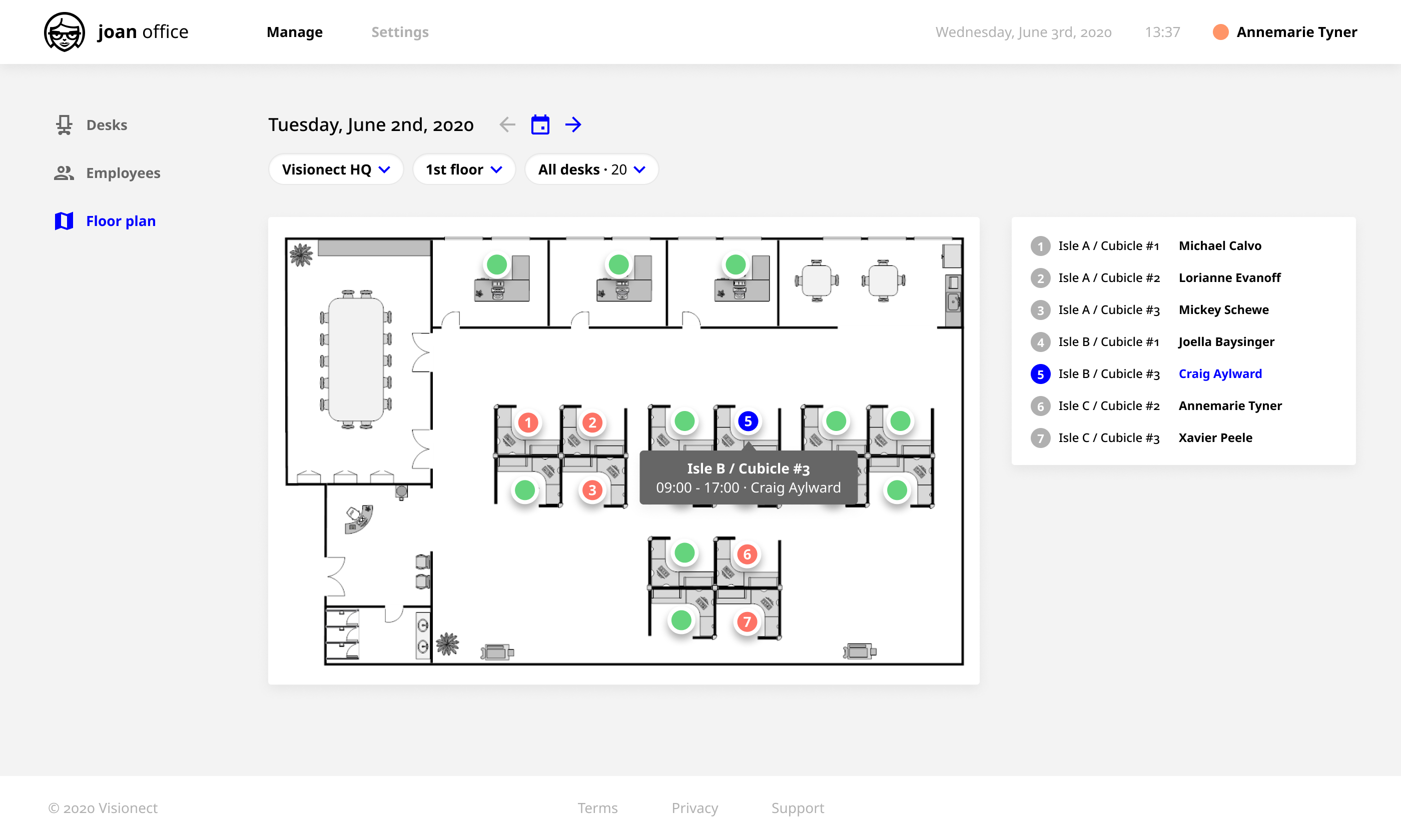 desktop version with a map of the workplace