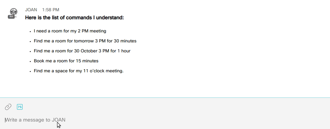 screen shot of booking meeetings with Joan in Cisco Webex Teams