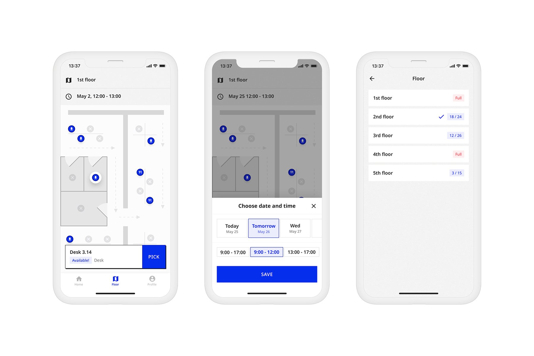 three screens of Joan Desk Booking app