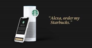 Amazon app next to Alexa with a quote "Alexa, order my Starbucks"